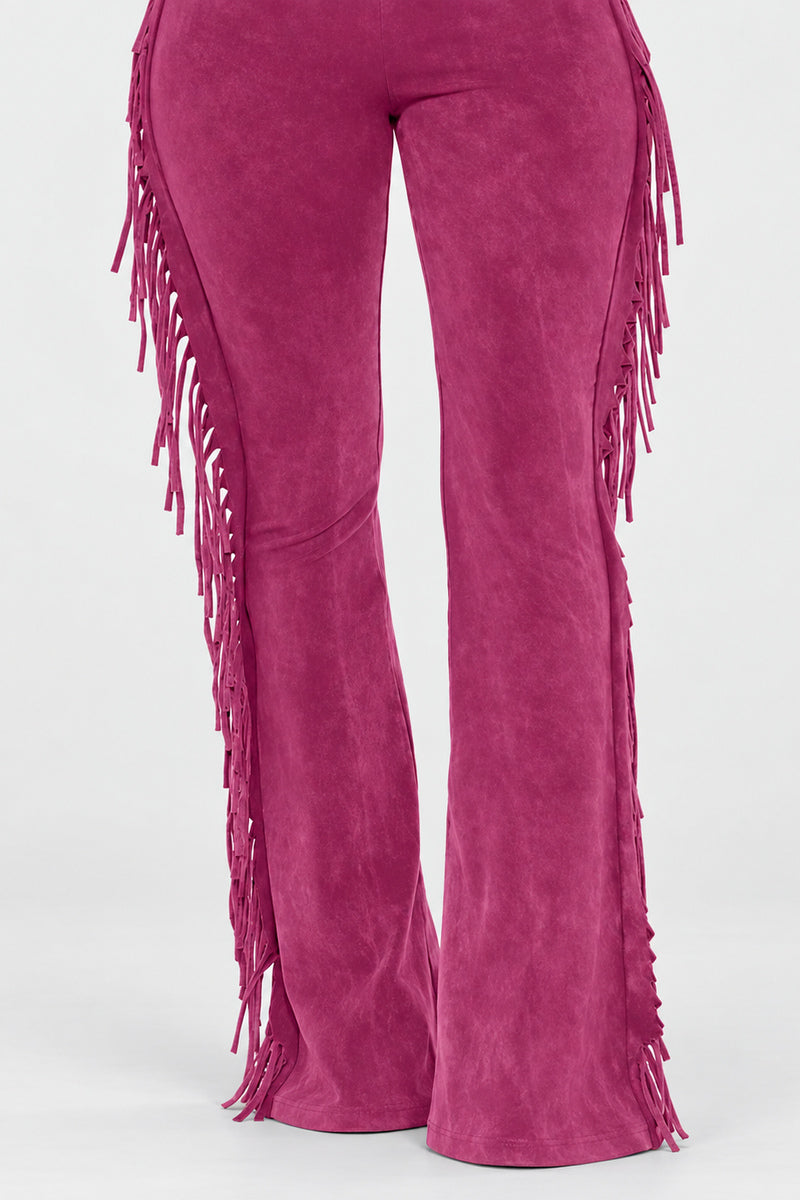 MAGENTA JUNIPER FRINGE PANTS — closer product framing