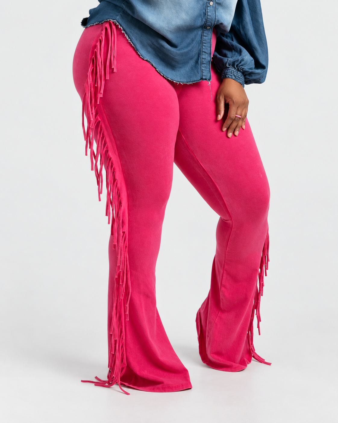 HOT PINK JUNIPER FRINGE PANTS — light gray studio product photo