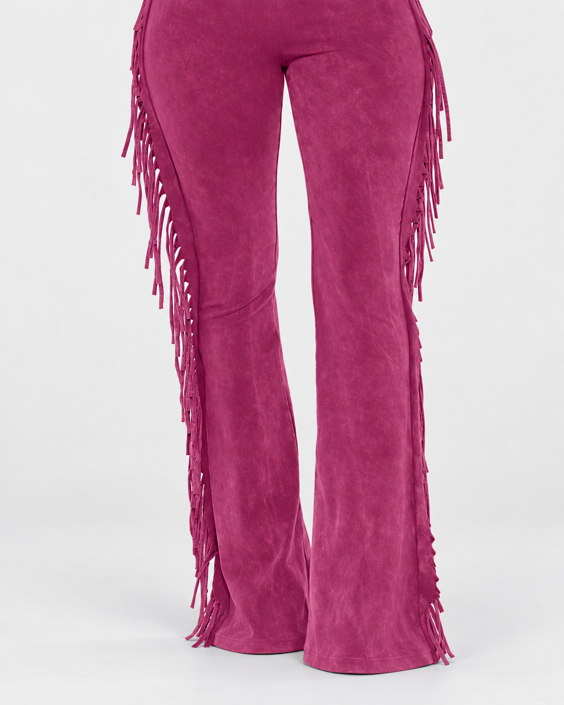 MAGENTA JUNIPER FRINGE PANTS — light gray studio product photo
