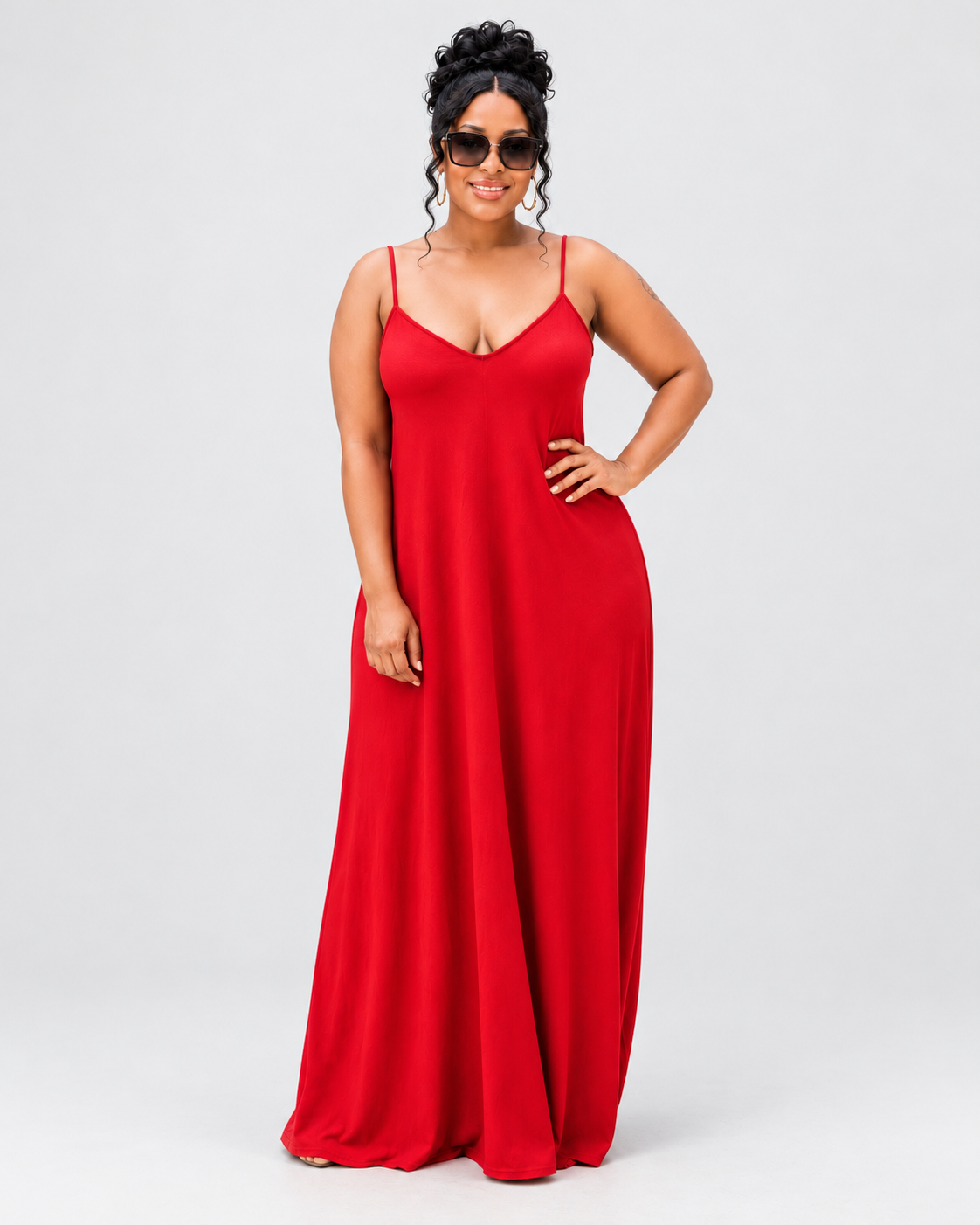 RED SO COMFY MAXI DRESS — light gray studio product photo