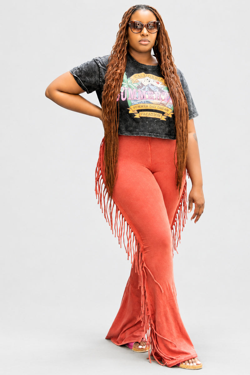 RUST JUNIPER FRINGE PANTS — closer product framing