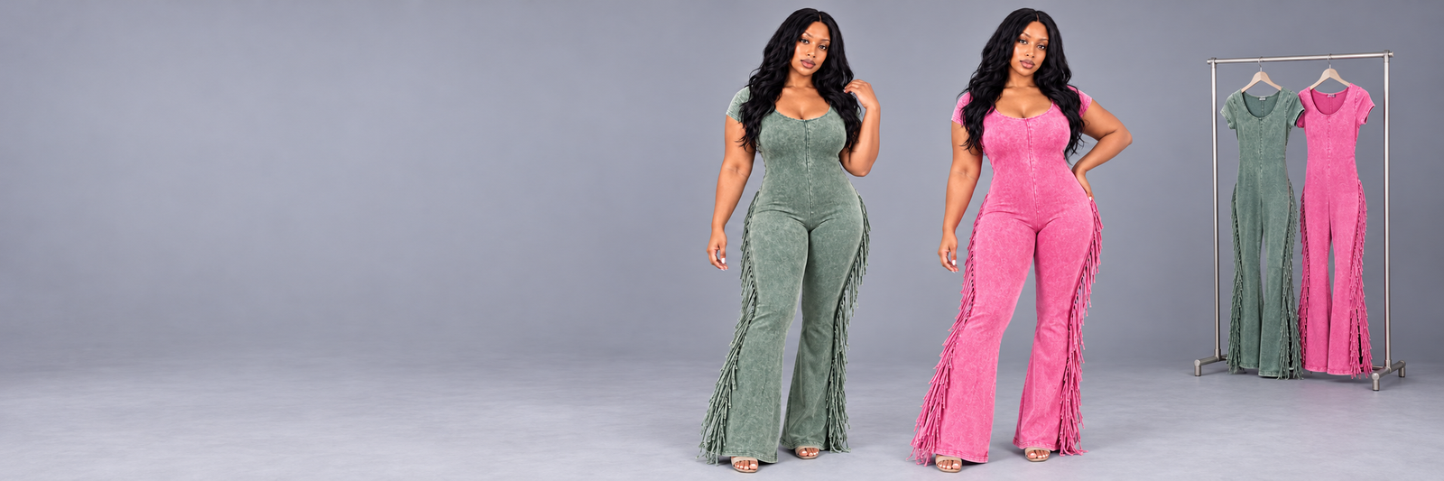 Sade Glamour sage and pink fringe jumpsuits with a matching clothing rack